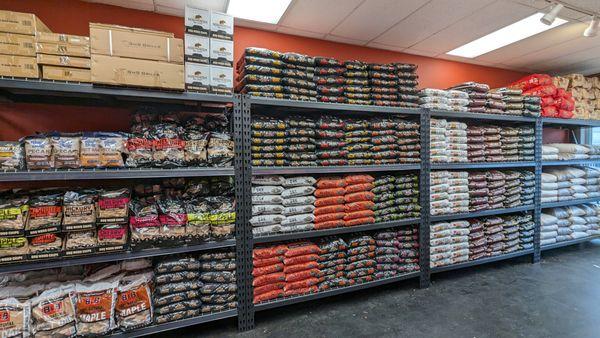 We have all types of fuels for all of your grills including: pellets, wood chips, wood chunks, 10" wood splits and charcoal.