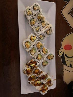 Top to bottom: special scallop roll, blue crab avocado roll, yummi yummi tempura sweet potato roll