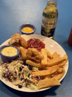 Fried Halibut, steak fries and coleslaw