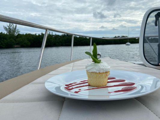 Vanilla cupcake with chef mark made raspberry sauce.