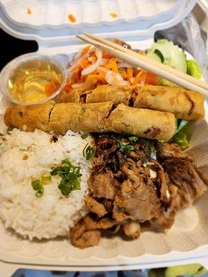 @Viet Chubby Boy; 7/16/2024.Pork w/Spring Rolls & Veggies, I was Surprised that my plate came w/Rice? When I eat there, mine has No rice?