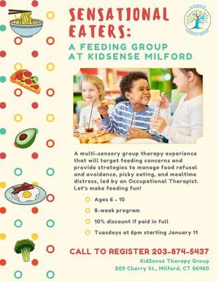 Working on feeding skills in a group setting, with other kids that have similar struggles can make therapy more fun and motivating for all!