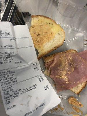 No bacon & wrong sauce. It was such an easy order...$7 for a piece of ham and some burnt bread isn't ideal.