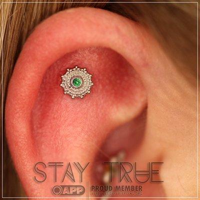 Flat Piercing with 14k White Gold and a Genuine Emerald!