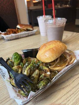 BBQ BACON CHEDDAR BURGER  with CRISPY BRUSSELS SPROUTS & a Chocolate + Reese's Peanut Butter Non Dairy Shake