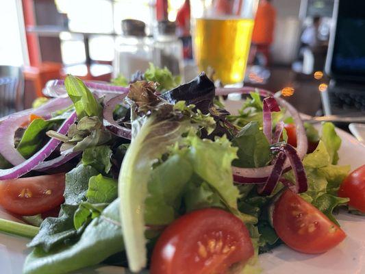 Side salad. Fresh greens, red onion, and tomatoes. Excellent!