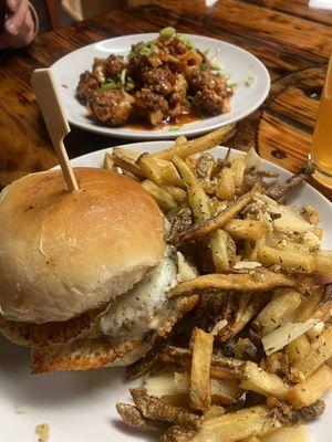 Volcano burger with garlic fries and the spicy chicken bites