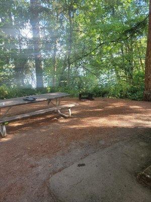 View of the campsite picnic table and pit