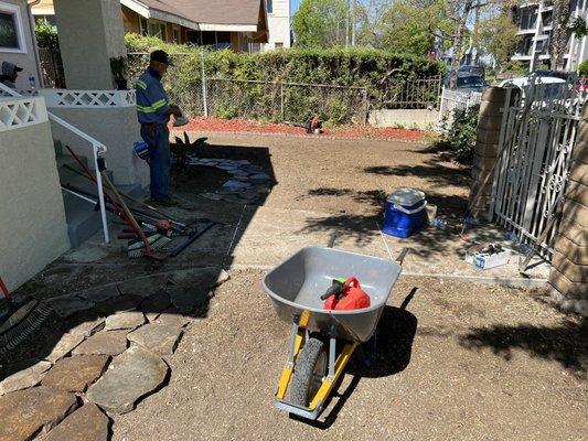 Pre-sod installation, re-working our stone pathway.