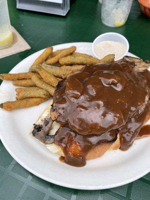 The Greenskeeper: FRESH pattie, ThicK cut Garlic Bread. + $3.75 Green Bean Fries. Fresh sauce. Unique & Tasty.