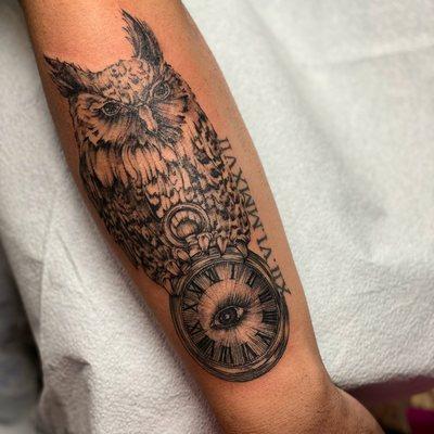 Custom Owl tattoo by Marlo Lualemana