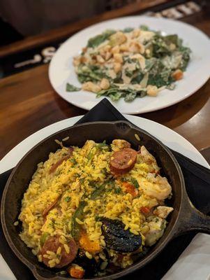 Skillet Paella and Caesar Salad.