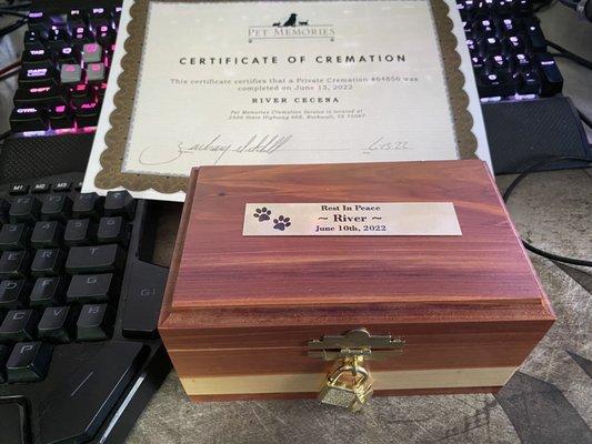 Rivers box and Certificate. They also gave a sweet little poem with it. Very heart touching.