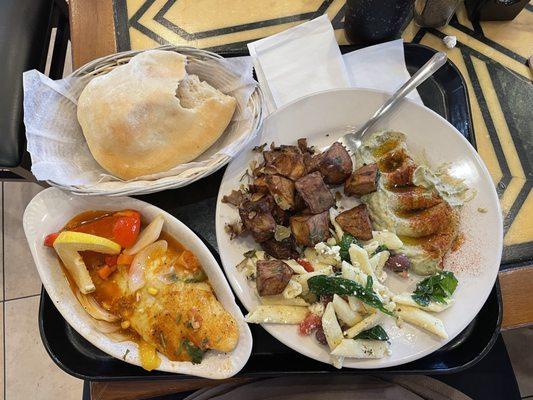 Pita Bread, Spinach Hummus, Red Snapper Fish Fillet, Coriander Potato!