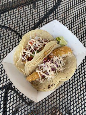 Vegan fried "fish" and tempeh Baja tacos