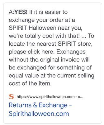 Spirit Halloween policy