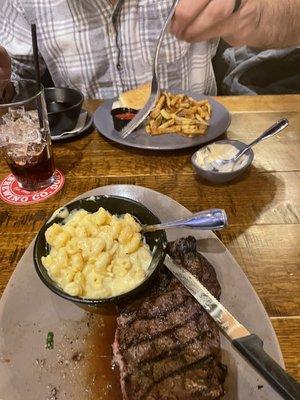 Ribeye, mac n cheese, iron dip