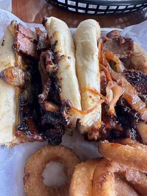 Smoked brisket, cheesesteak with onion rings