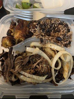 Vaca Frita with ro and bean combo (morros) and sweet plantains.