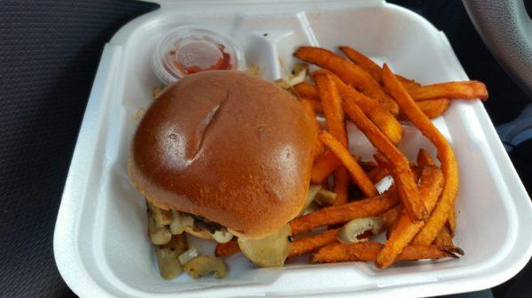 My mushroom and Swiss burger with sweet potato fries