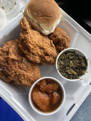 Leg, thigh, breast with a side of greens and sweet potatoes with a roll