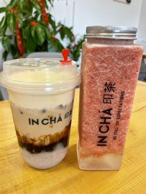 Delicious! Soy taro milk tea and strawberry slush with jelly. I found my new favorite taro milk tea!! Look at those layers