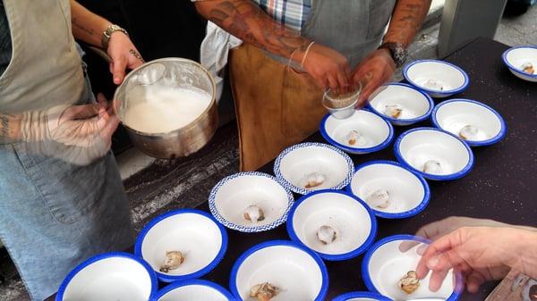 pork belly oyster shooter with coconut tea topping