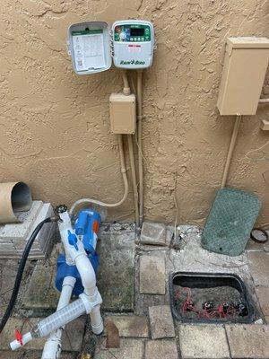 Rain bird modern digital sprinkler control system and Goulds pump.