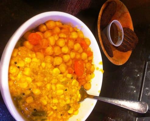 Veggie Combo Rice Bowl, with Chana Masala & Zambian Corn.  Dal Puppies in the back.