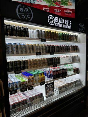 Great selection of canned coffees, flavored water, protein drinks