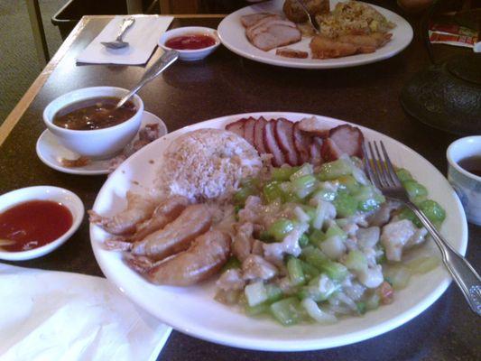 My delicious order of chicken chow mein and I just love the celery and it also came with rice and pork and shrimp very nice