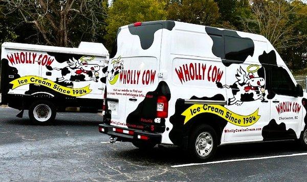 Wholly Cow Ice Cream wholesale distribution delivery trucks "Petunia" and "Bessie". We supply ice cream to restaurants hotels throughout SC