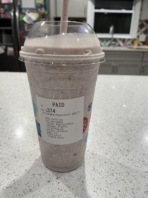 Peppermint cookies and cream milkshake to go!