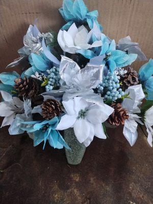 Teal and White Poinsettias with Pine Cones Silk Mausoleum Arrangements