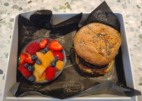 Crab Cake Burger with seasonal fruit