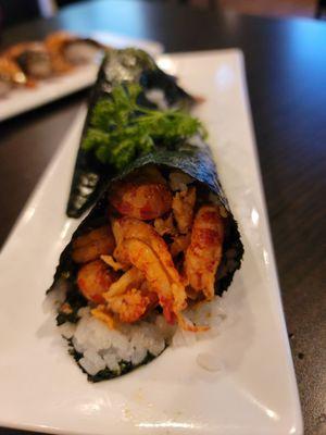 Crawfish Hand roll! Not that tasty without crawfish sauce and no, I wouldn't dip this into soy and wasabi.