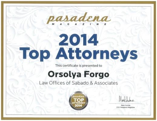 Managing Attorney Orsolya Forgo was recognized as a Top Attorney in San Gabriel Valley in Family Law in 2014