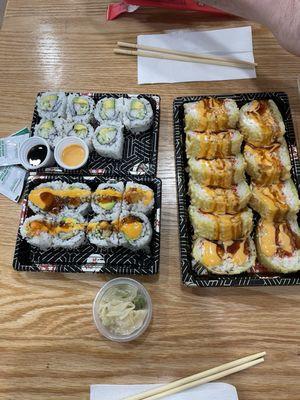 LSU roll, California roll and tempura shrimp roll