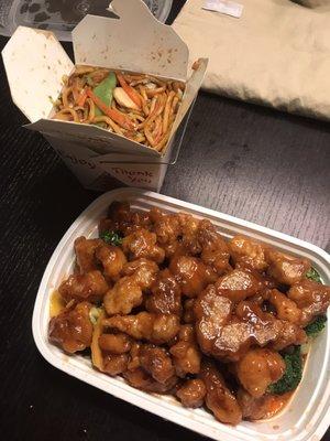 Orange chicken with a side of vegetable lo mein. Lots of food, definitely had leftovers the next day!