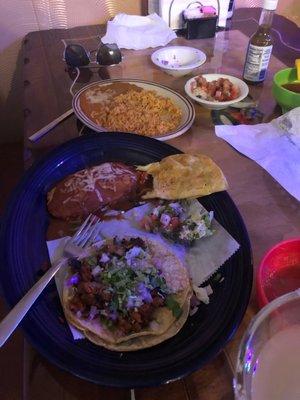 Dinner special - Tamale and two carne asada tacos.