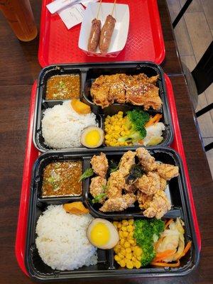 Taiwan sausage, bbq crispy chicken bento, popcorn chicken bento