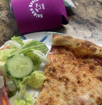 Cheese pizza and house salad with ranch.