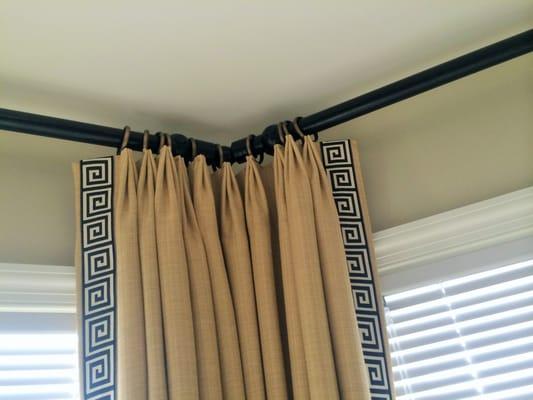 Corner Drapery Mounted on Wood Pole with Corner Coupler and Antique Brass Rings