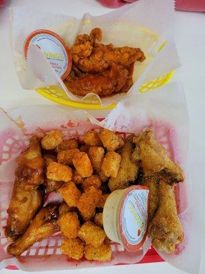 Honey barbecue and seven pepper wings with Cajun tator and after burner tenders