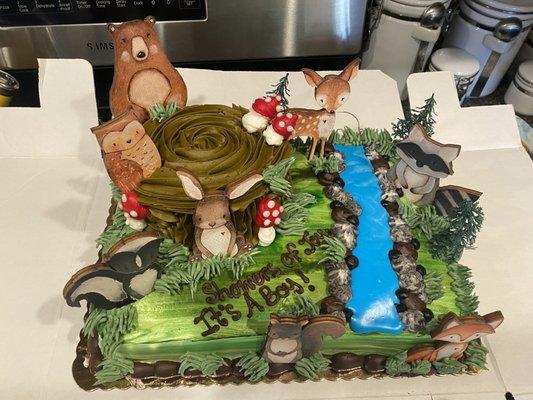 Beautiful woodland themed shower cake. Incredible job goes to Shop Rite Flanders bakery.