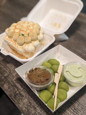 Matcha mochi balls + soy milk custard cake