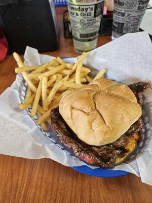 Steak Burger and fries. Delicious