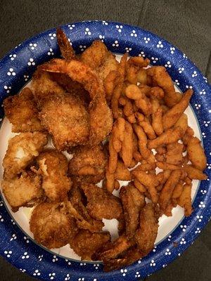 Fried shrimp, scallops, and clam strips.