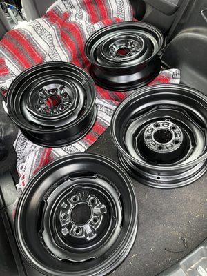 Satin Finish Powder Coated wheels for a 1954 Chevrolet.