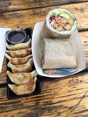 Dumplings and Double E sushi burrito (size mega)